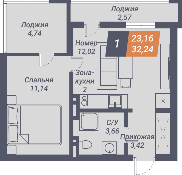 Апартаменты Пилигрим - Апартаменты №70, 1-комнатная, 32.24м2
