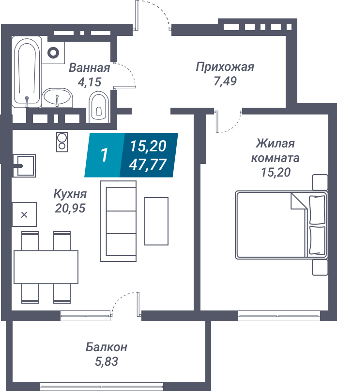 ЖК «Звезда» - Квартира №55, 1-комнатная, 47.77м2