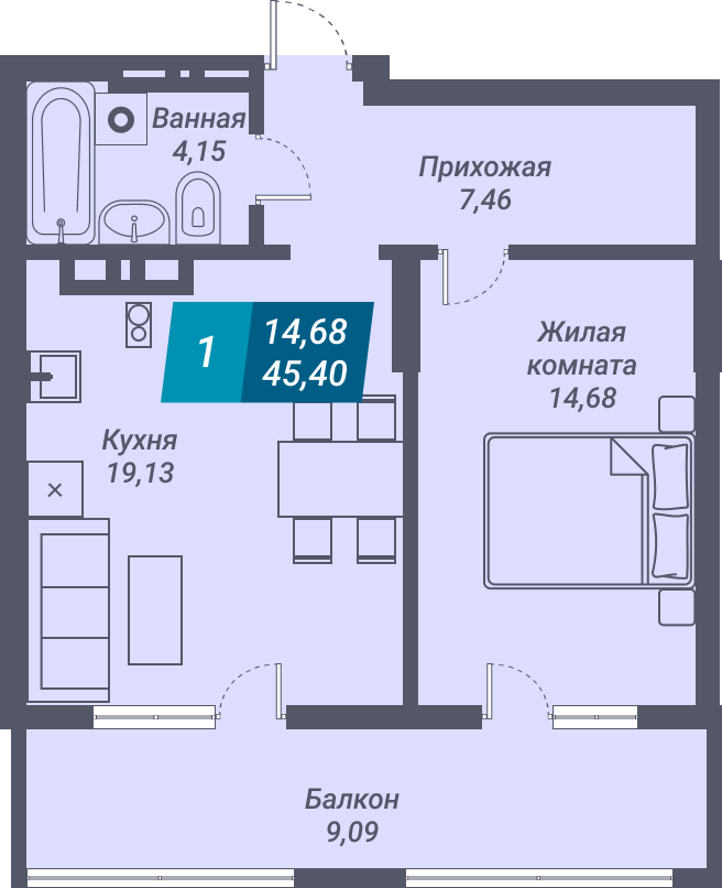 ЖК «Звезда» - Квартира №6, 1-комнатная, 45.4м2