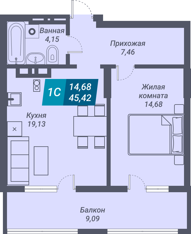 ЖК «Звезда» - Квартира №186, 1-комнатная, 45.42м2