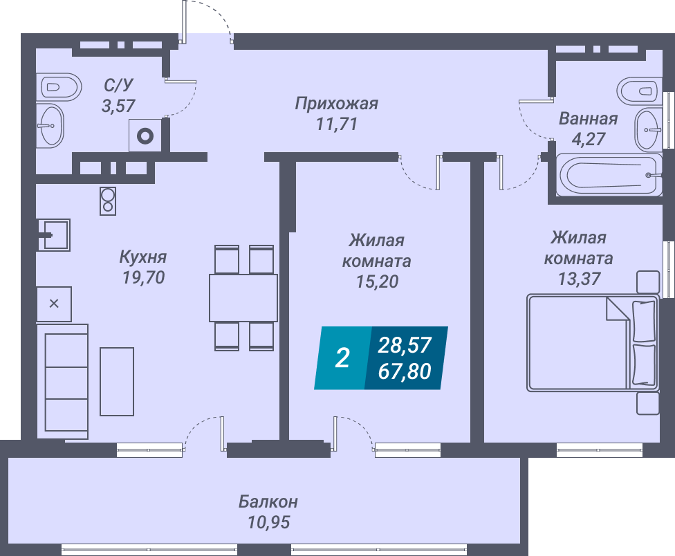 ЖК «Звезда» - Квартира №251, 2-комнатная, 67.8м2