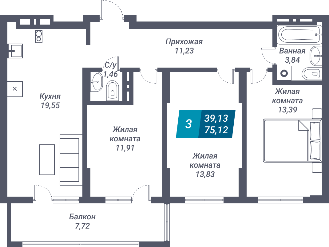 ЖК «Звезда» - Квартира №244, 3-комнатная, 75.12м2