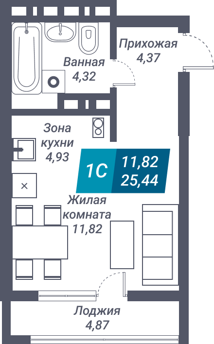 ЖК «Звезда» - Квартира №262, Студия, 25.44м2