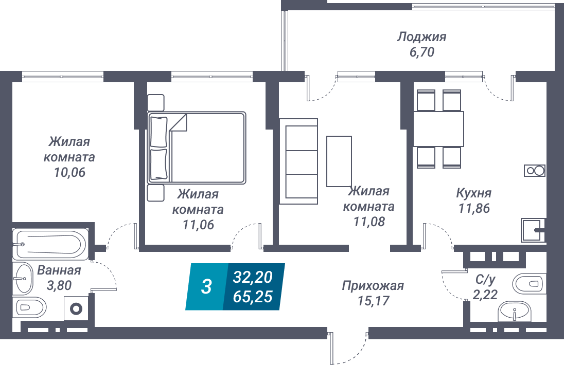 ЖК «Звезда» - Квартира №272, 3-комнатная, 65.25м2
