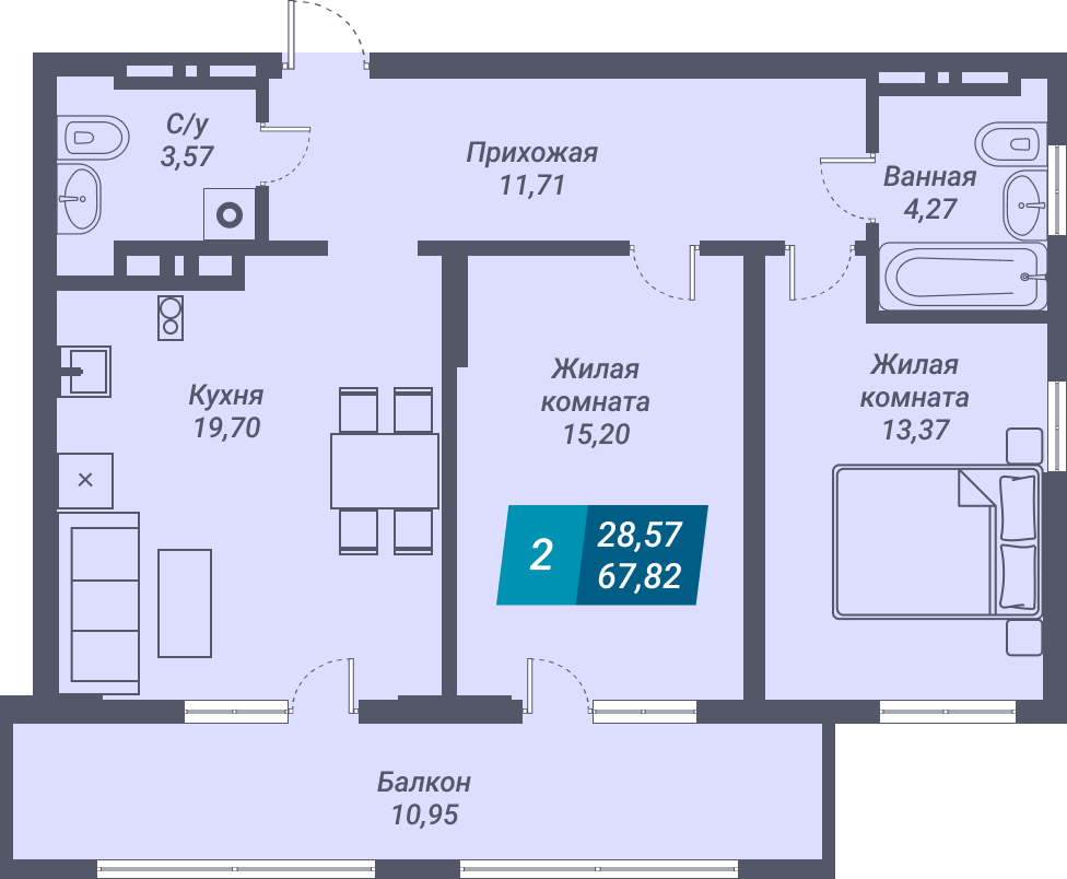 ЖК «Звезда» - Квартира №419, 2-комнатная, 67.82м2