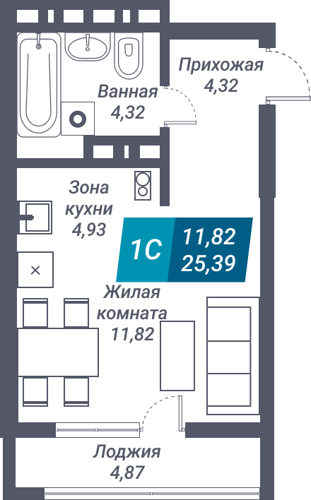 ЖК «Звезда» - Квартира №422, Студия, 25.39м2